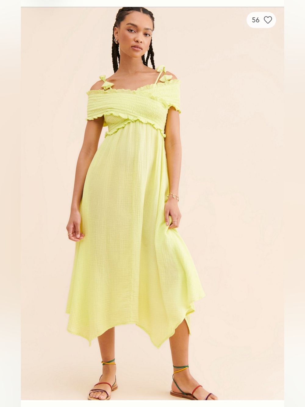 Anthropologie Smocked Gauze Off Shoulder Midi Dress in Lime Green - Small